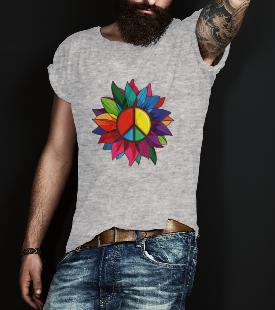 Hippie Rainbow Peace Sign Colorful Flower T-Shirt