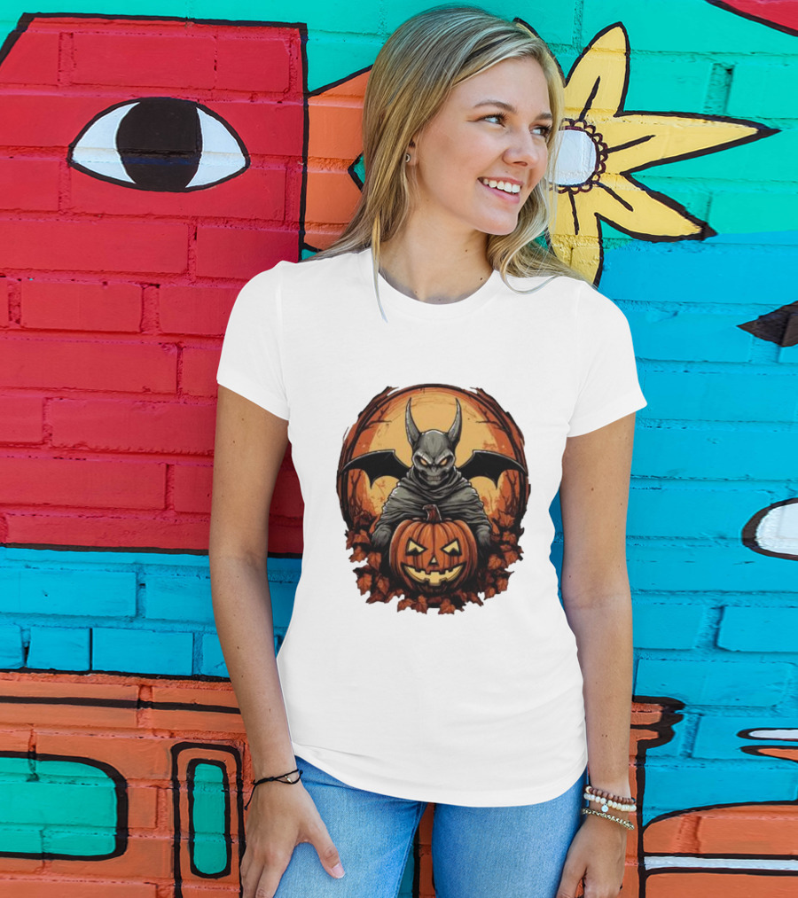 Bat Devil Pumpkin Halloween Moon Shadows T-Shirt