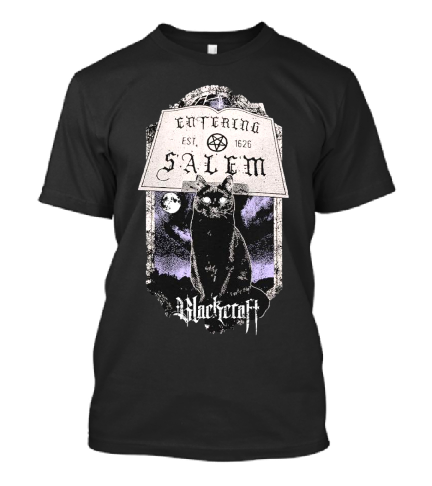 Blackcraft Cult Entering Salem Est. 1626 Black Cat And Crescent Moon Scene T-Shirt