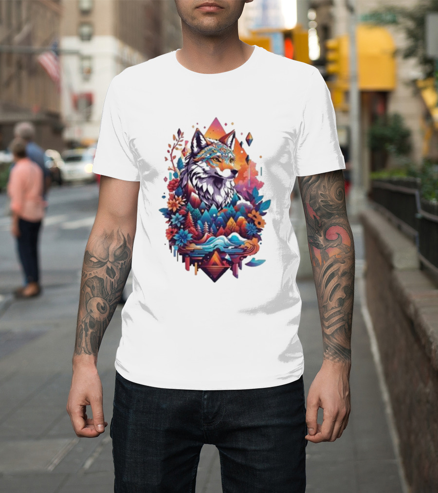 Colorful Geometric Wolf With Mountains And Flowers T-Shirt