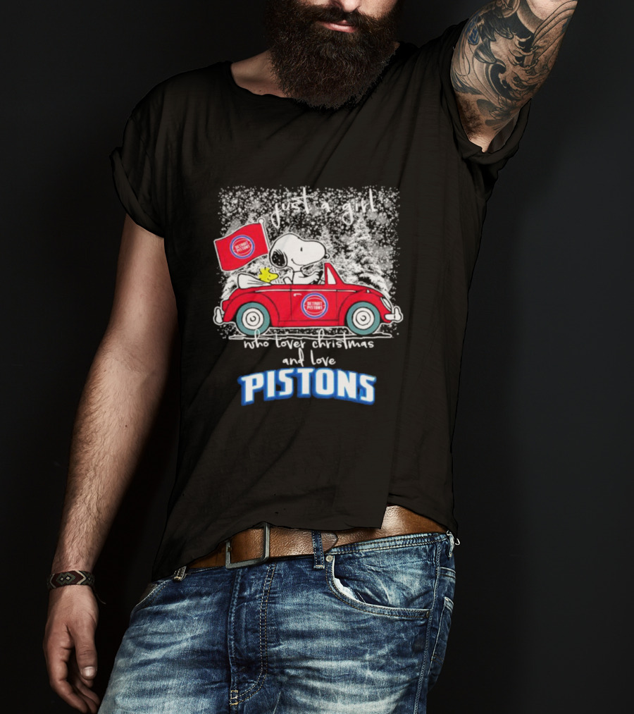Snoopy And Woodstock Just A Girl Who Loves Christmas And Detroit Pistons T-Shirt