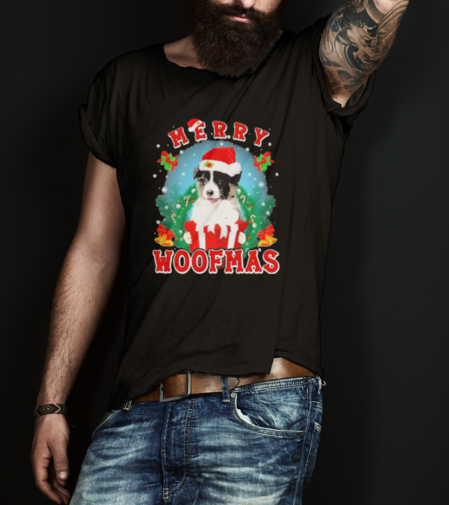 Merry Woofmas Australian Shepherd Dog In Santa Hat With Christmas Gift T-Shirt