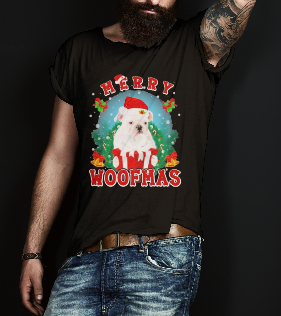 Bulldog In Santa Hat Merry Woofmas With Gifts And Bells T-Shirt