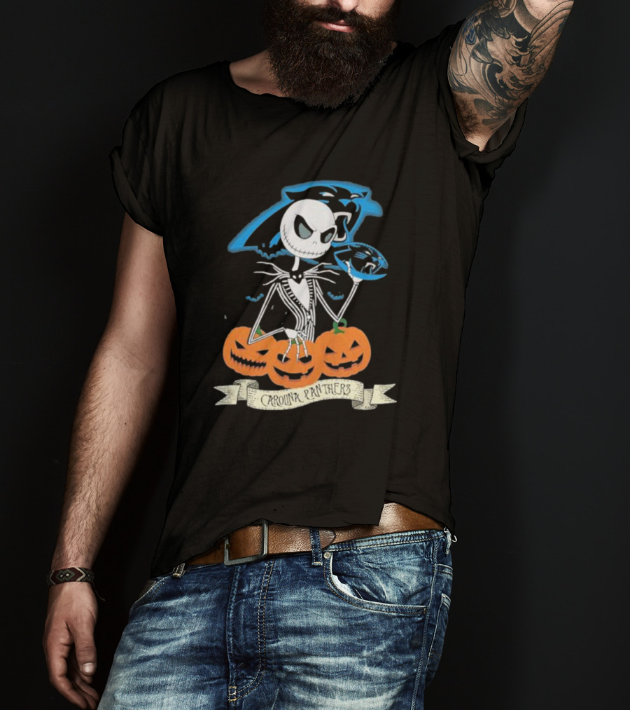 NFL Carolina Panthers Jack Skellington Halloween Football Pumpkins T-Shirt