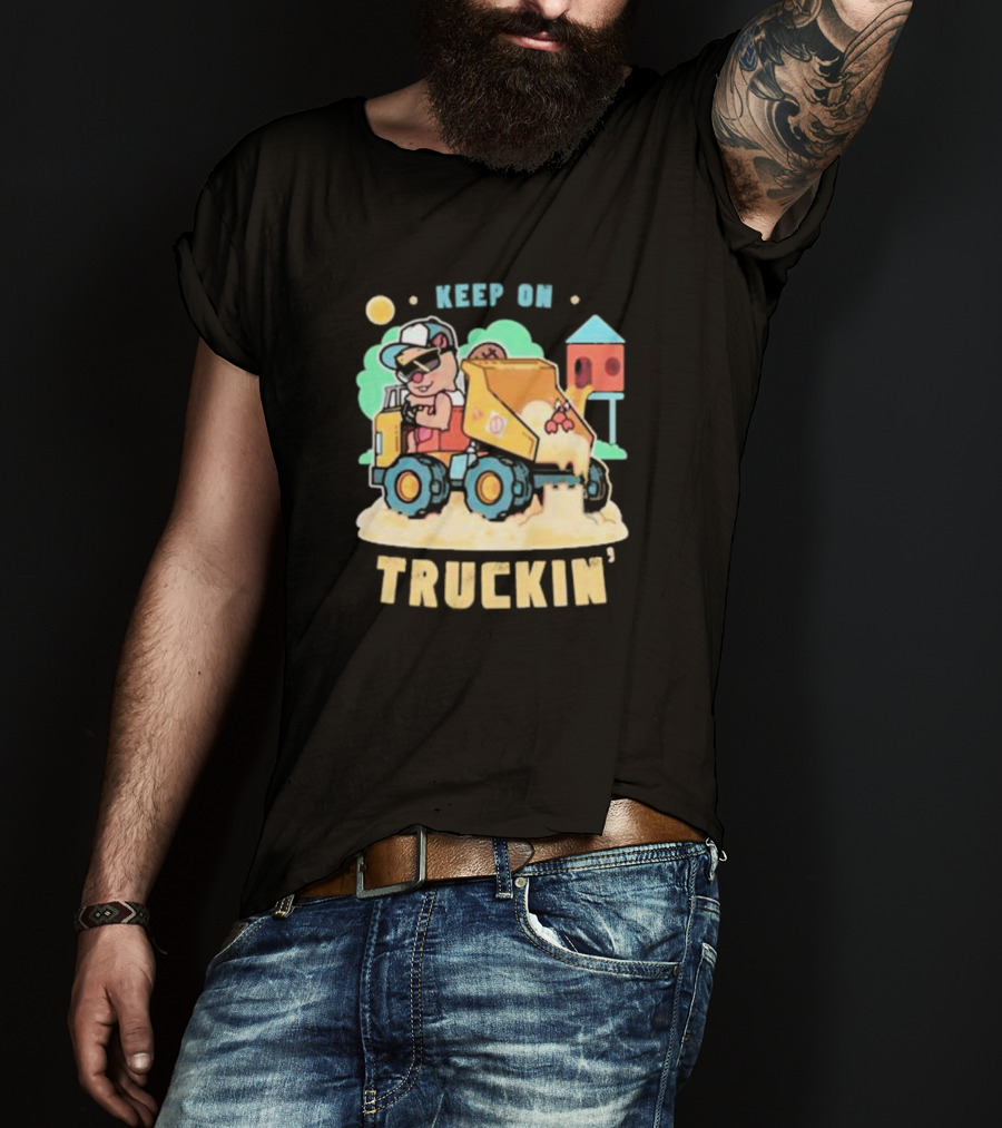 Keep On Truckin’ Cartoon Dog Driving Dump Truck With Doghouse And Sun T-Shirt