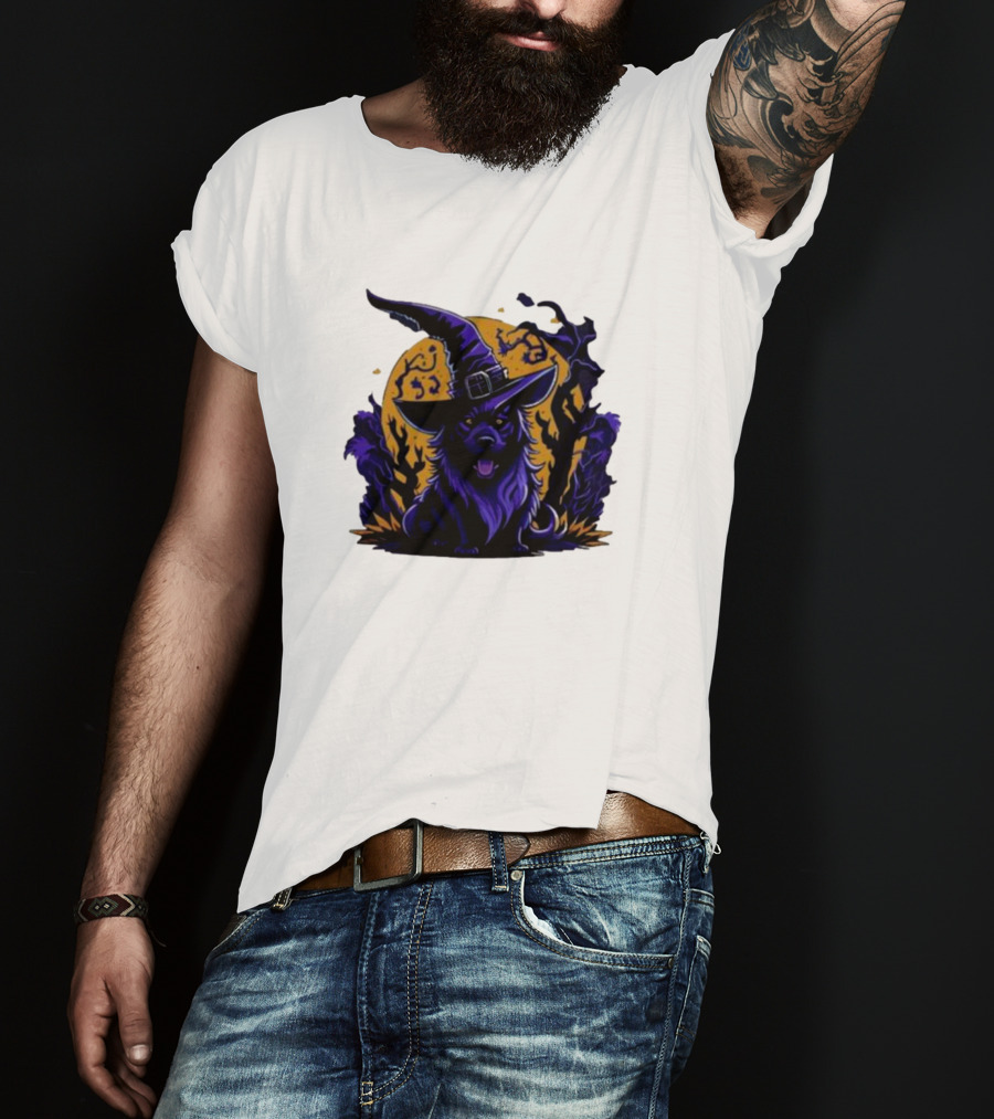 Halloween Witch Dog In Spooky Forest Horror Scene T-Shirt