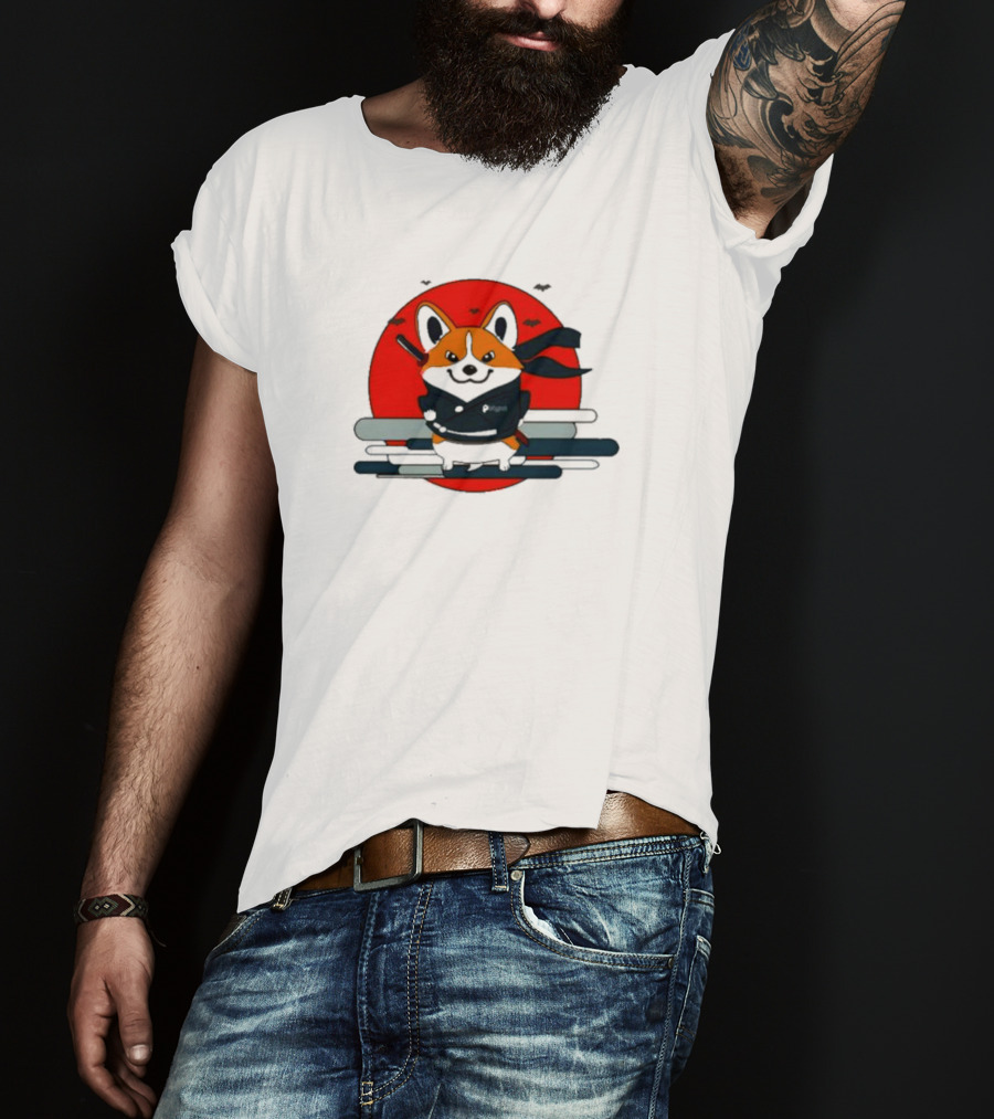 Ninja Corgi Red Sun With Bats T-Shirt