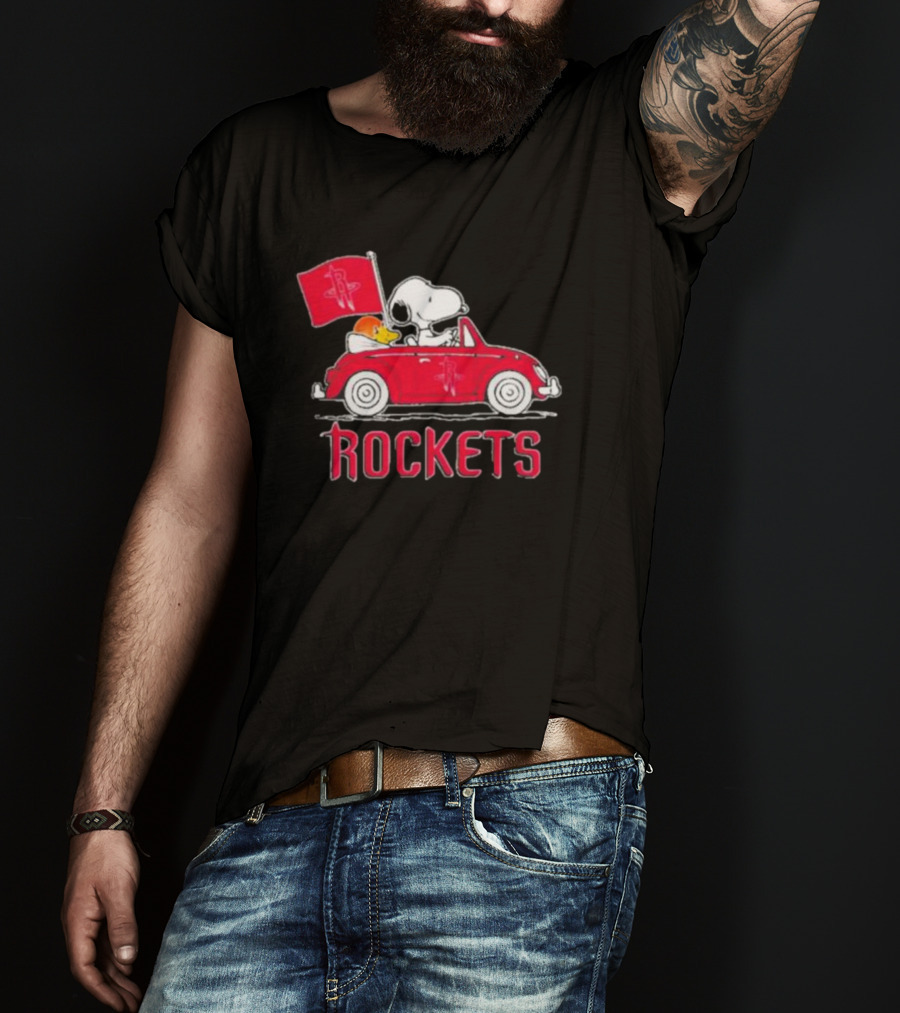 Houston Rockets Snoopy Dog Driving Red Car With Basketball Flag T-Shirt