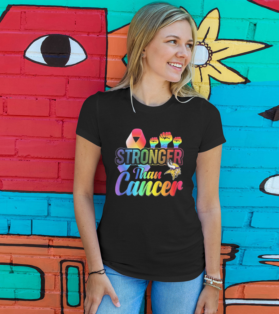 Minnesota Vikings Stronger Than Cancer With Rainbow Ribbon And Fists T-Shirt