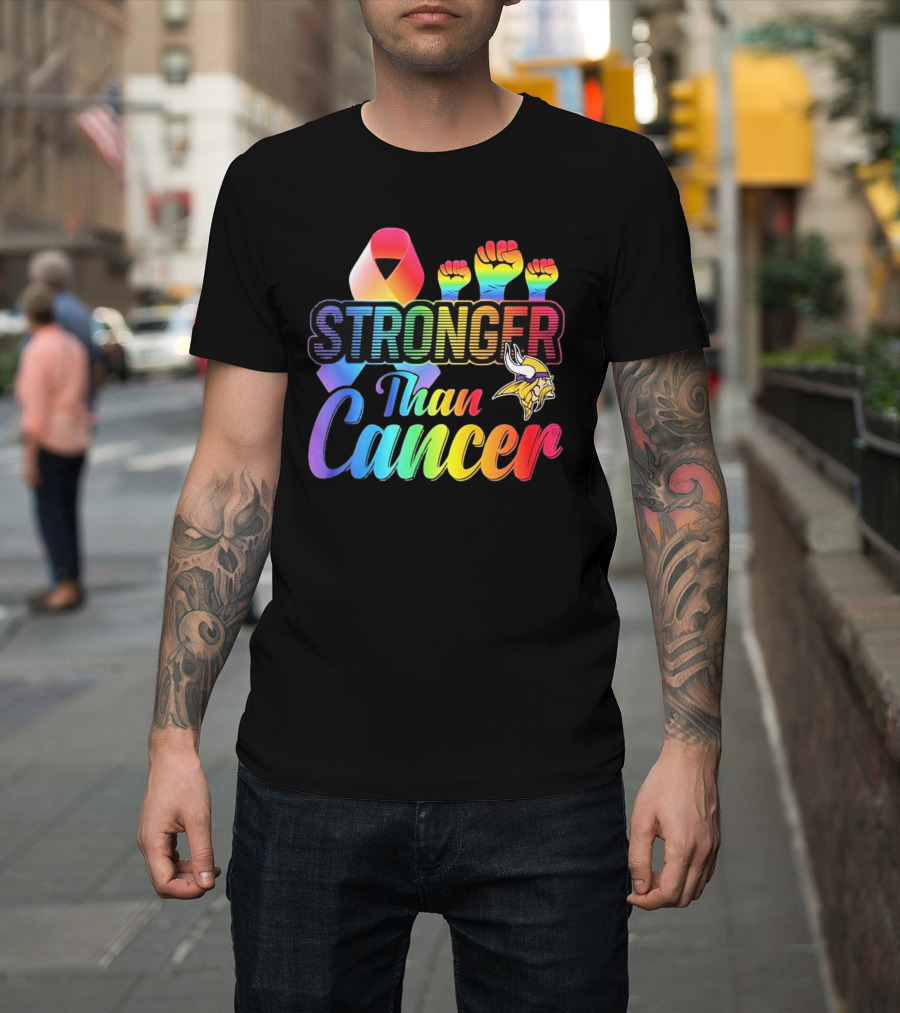 Minnesota Vikings Stronger Than Cancer With Rainbow Ribbon And Fists T-Shirt