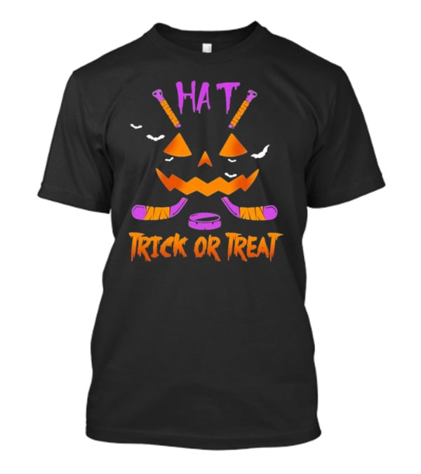 Hockey Hat Trick Or Treat Halloween Pumpkin With Hockey Sticks T-Shirt