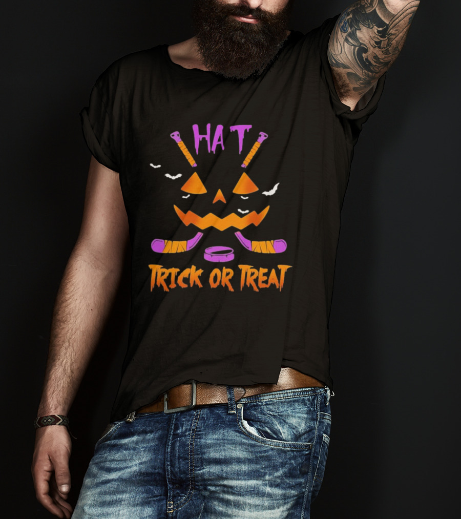 Hockey Hat Trick Or Treat Halloween Pumpkin With Hockey Sticks T-Shirt