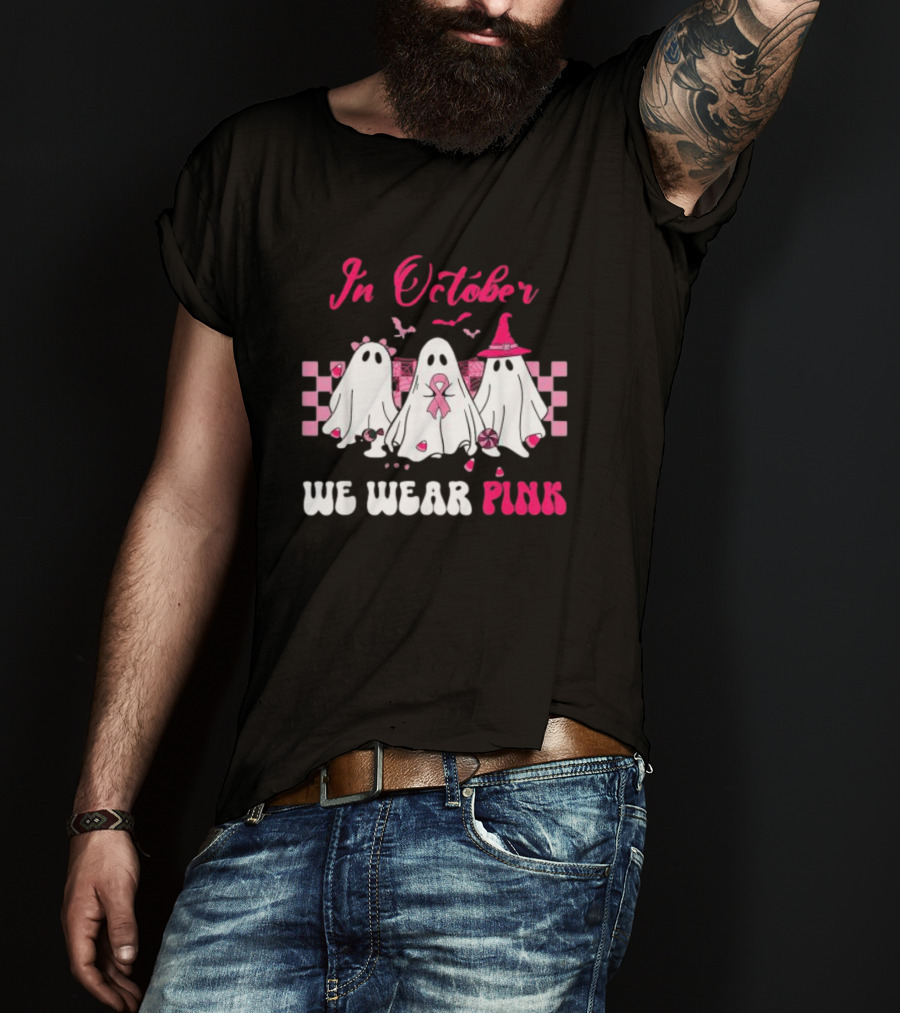 In October We Wear Pink Breast Cancer Ghost Halloween Groovy T-Shirt
