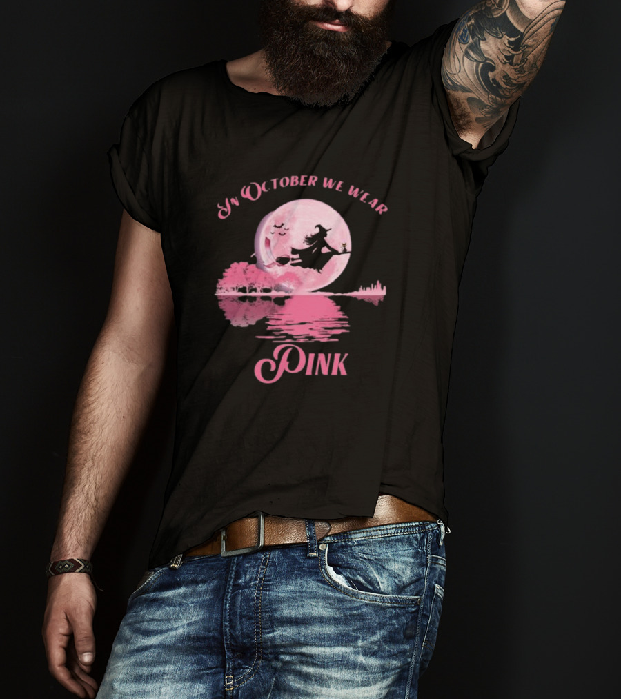 In October We Wear Pink Witch Halloween Moon Breast Cancer Awareness T-Shirt