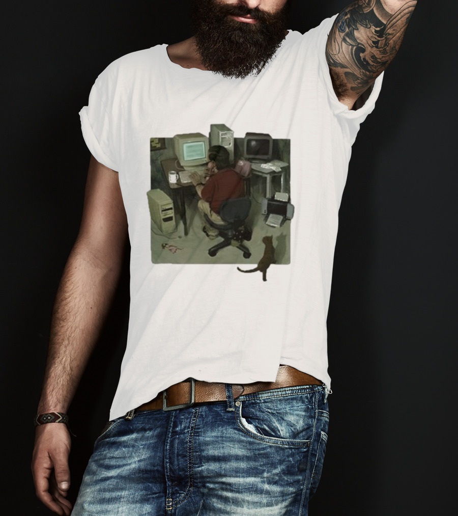 Ollie Jones Freelancer At Computer With Cat In Home Office Scene T-Shirt