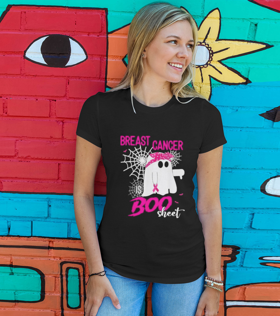 Breast Cancer Is Boo Sheet Halloween Ghost With Pink Ribbon And Spider Webs T-Shirt
