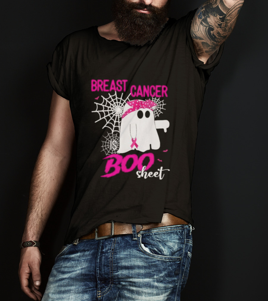 Breast Cancer Is Boo Sheet Halloween Ghost With Pink Ribbon And Spider Webs T-Shirt