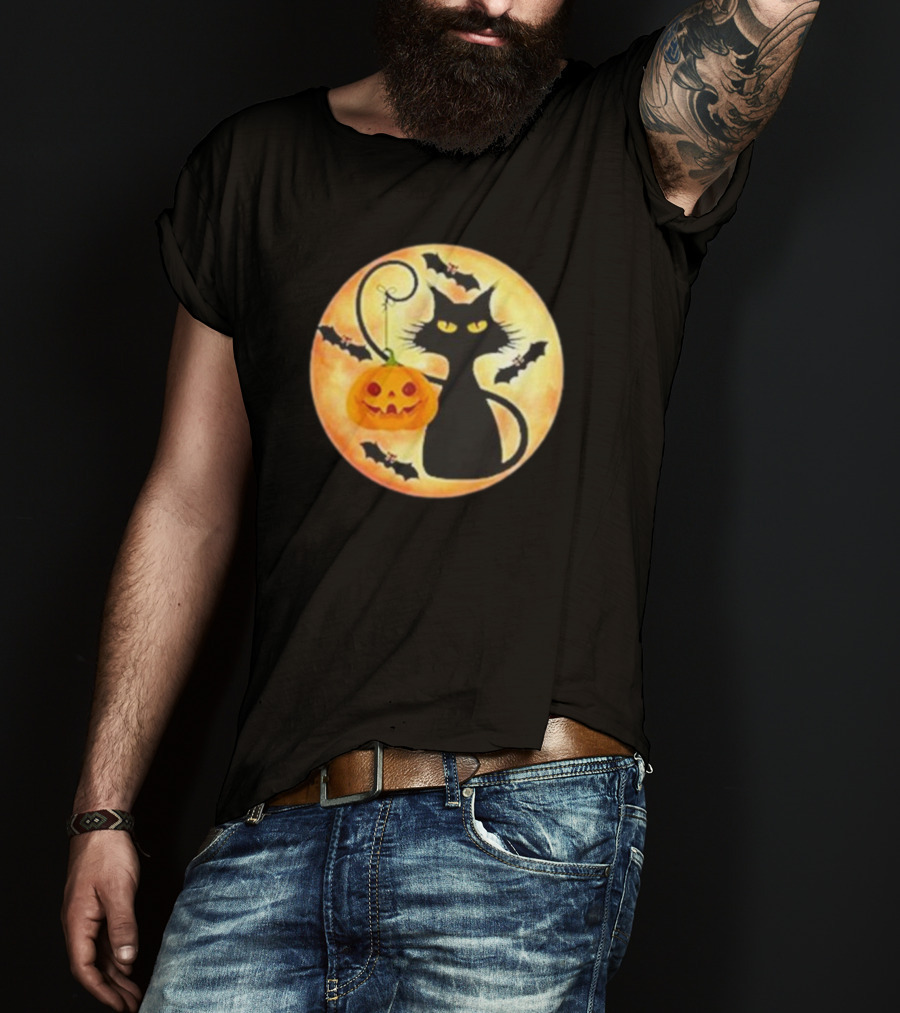 Funny Pumpkin Black Cat Halloween Witch Bat Moon T-Shirt