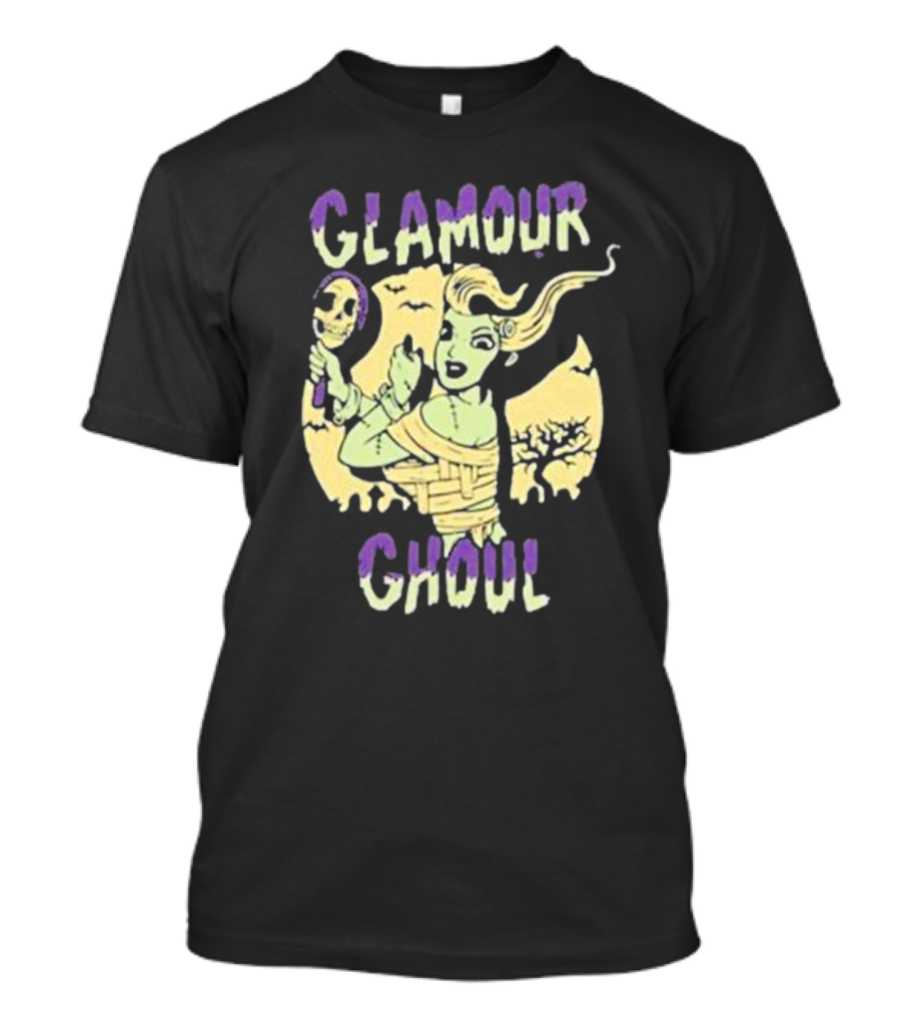 Glamour Ghoul Halloween Monster Retro Skeleton Mirror Bats Trees T-Shirt