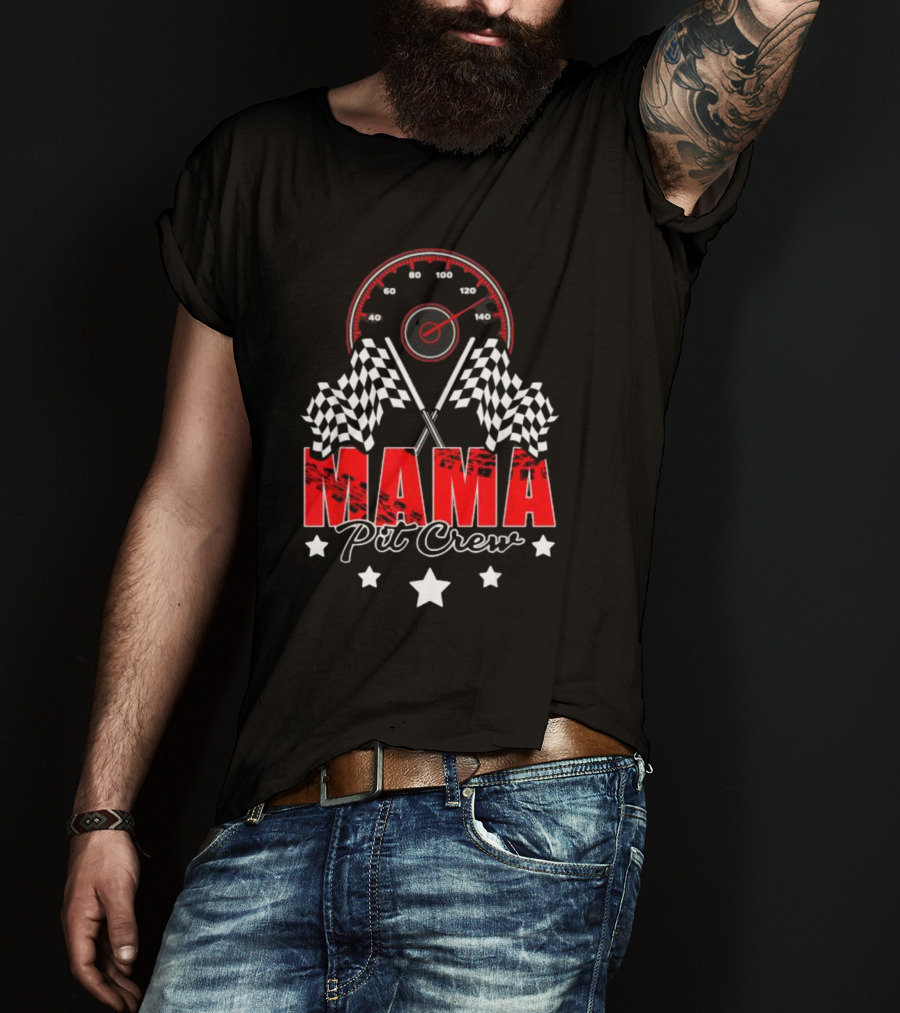 Mama Pit Crew Racing Speedometer Checkered Flags Stars T-Shirt