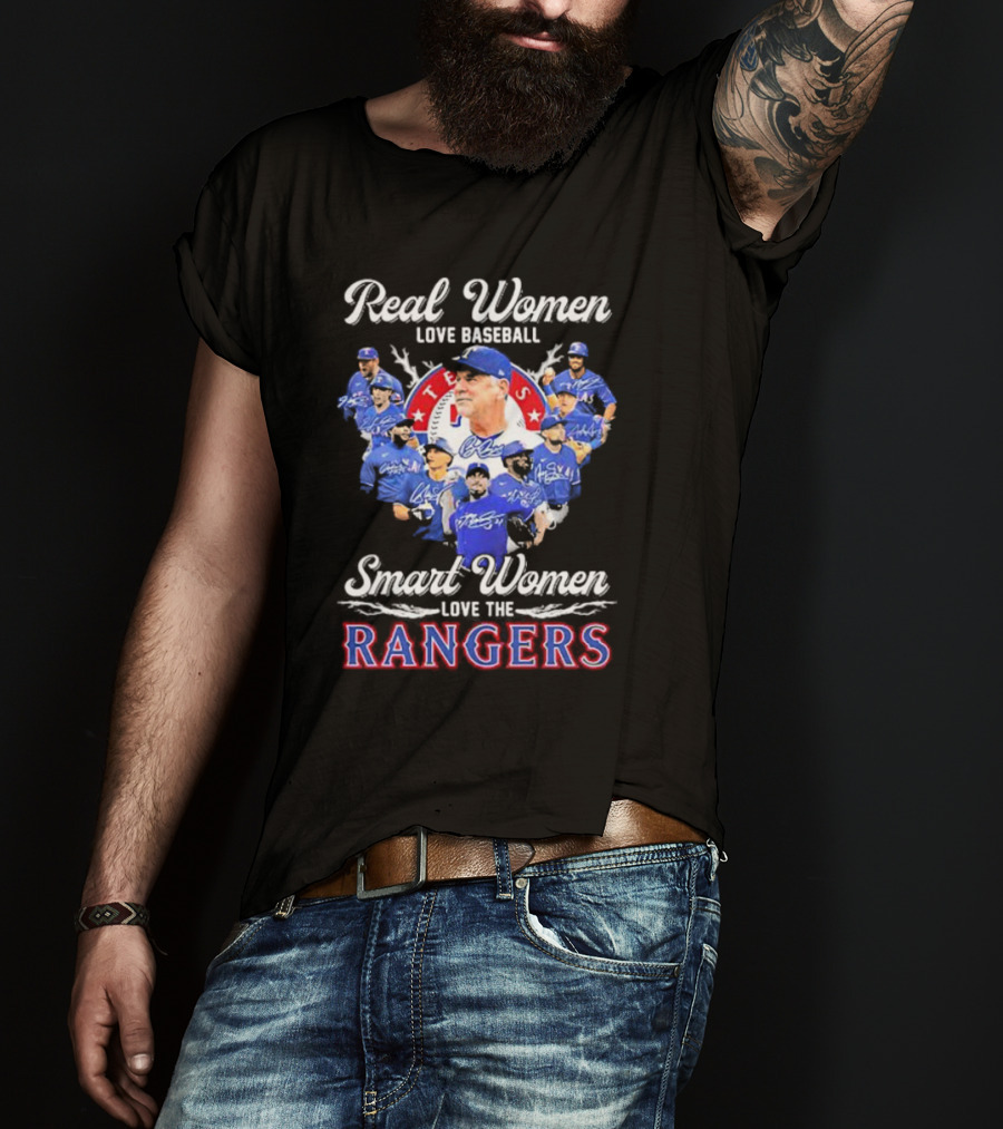 Real Women Love Baseball Smart Women Love The Texas Rangers Team Montage T-Shirt