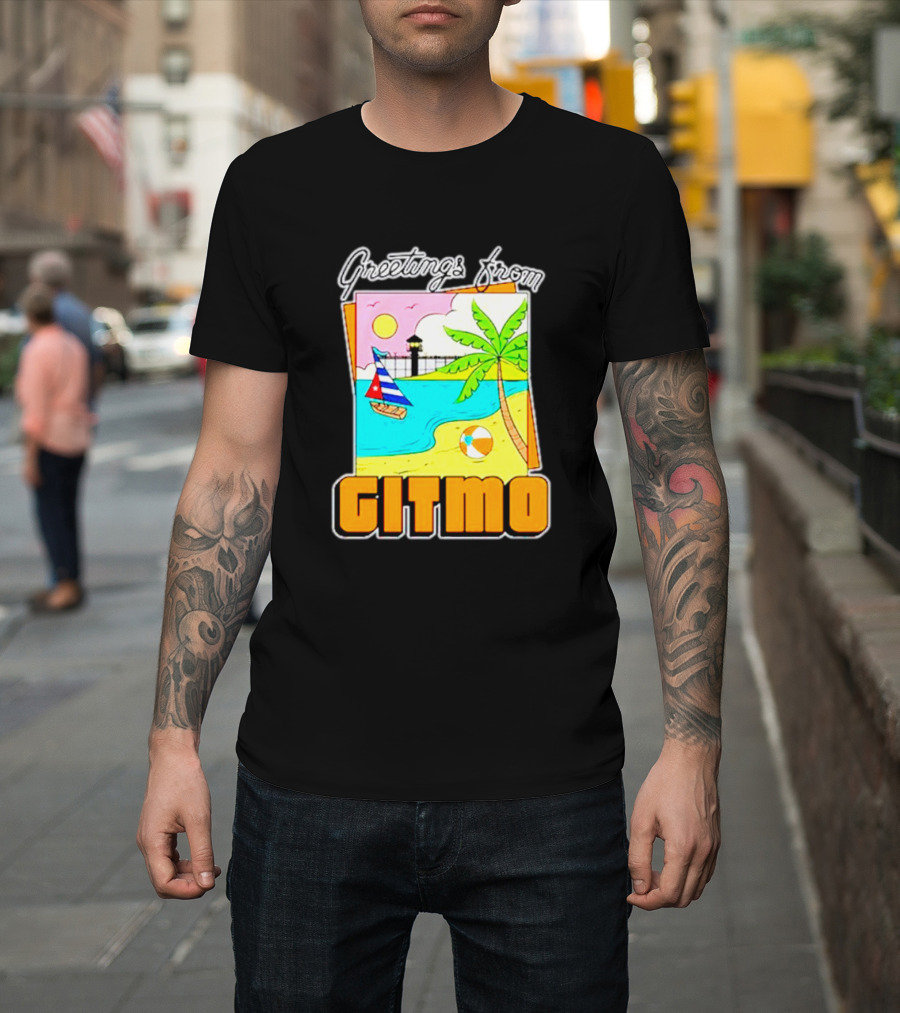 Greetings from Gitmo Beach Paradise with Sailboat and Palm Tree T-Shirt