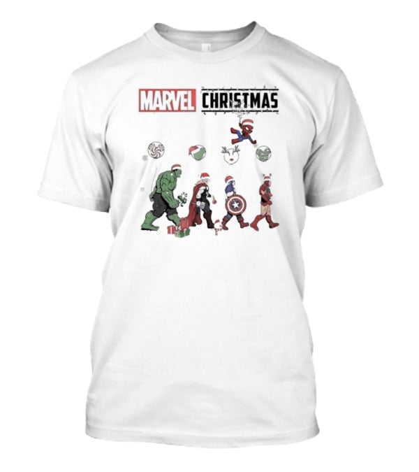 Marvel Christmas Superhero Characters In Santa Hats T-Shirt
