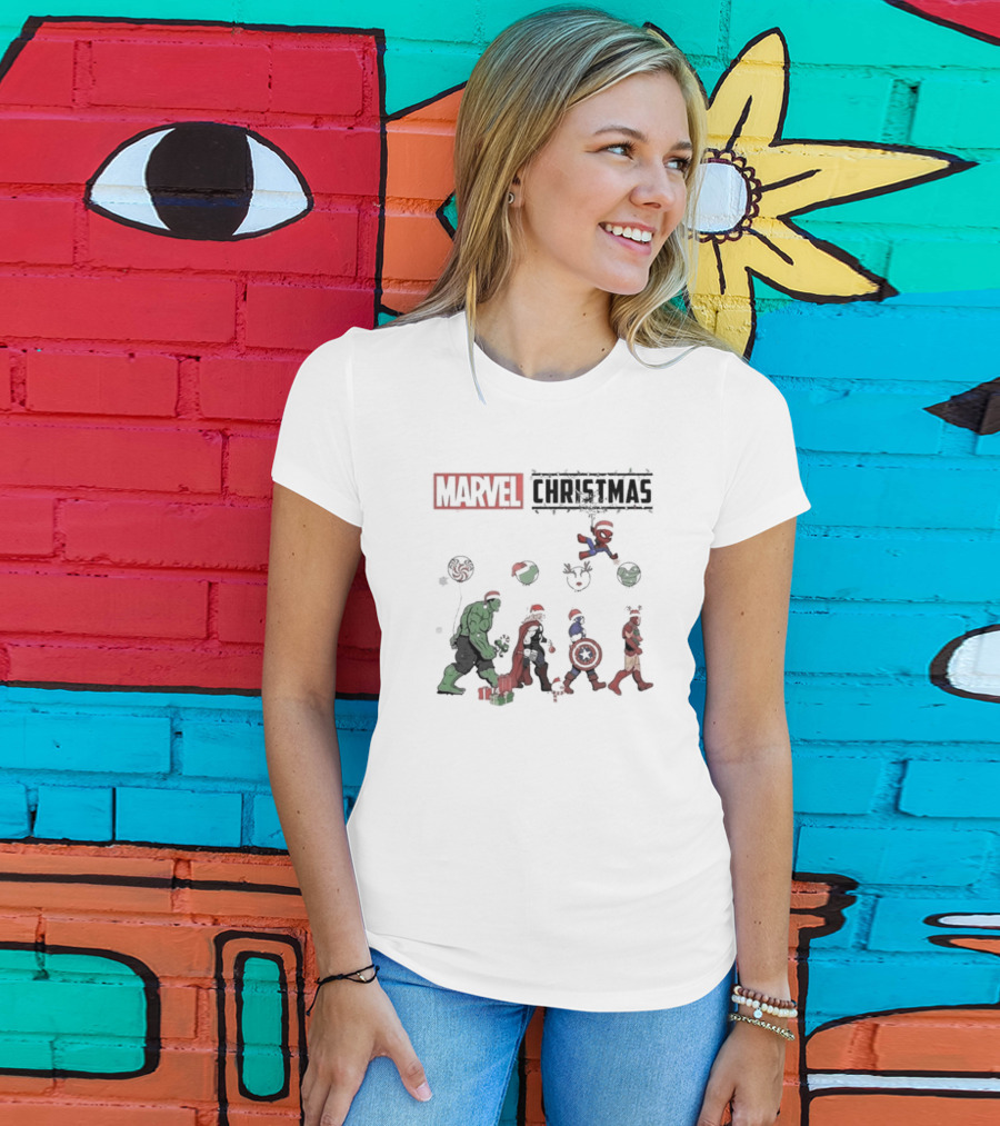 Marvel Christmas Superhero Characters In Santa Hats T-Shirt