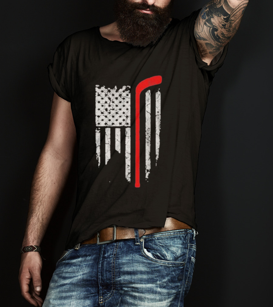 Hockey Stick American Flag Stars Stripes T-Shirt