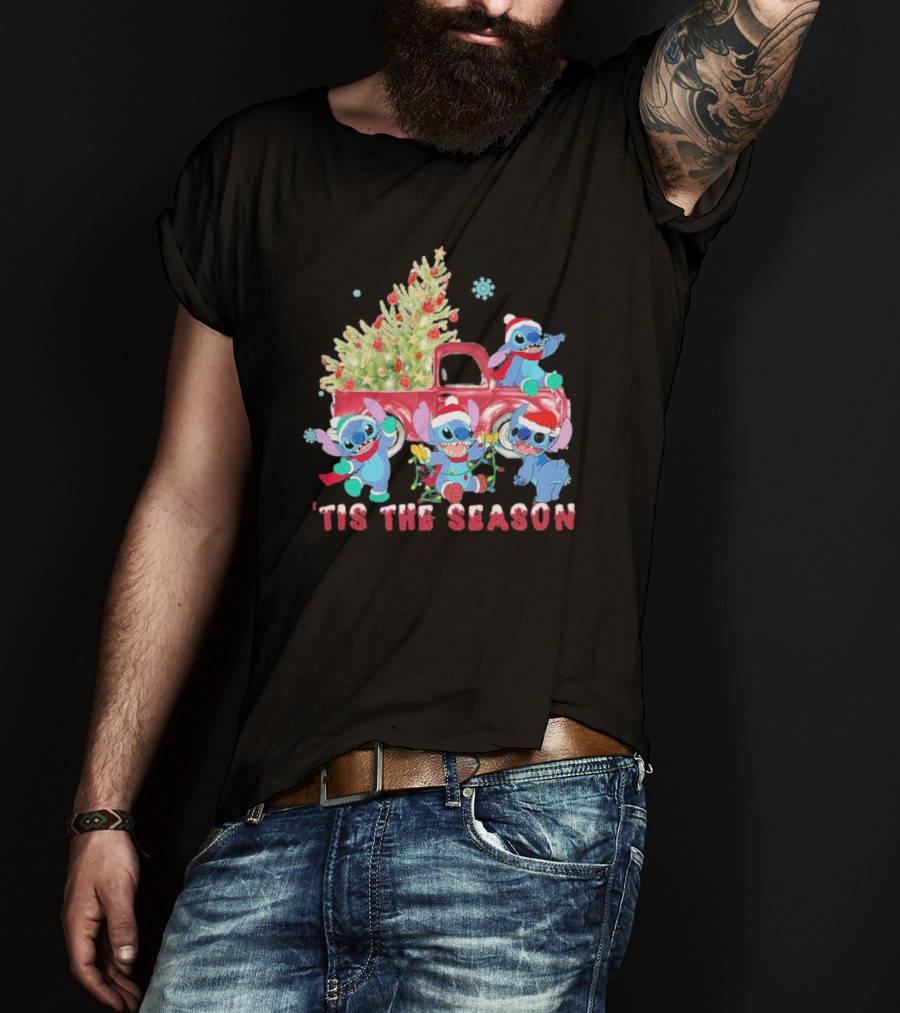 Stitch Tis The Season Christmas Santa Claus With Tree And Truck T-Shirt