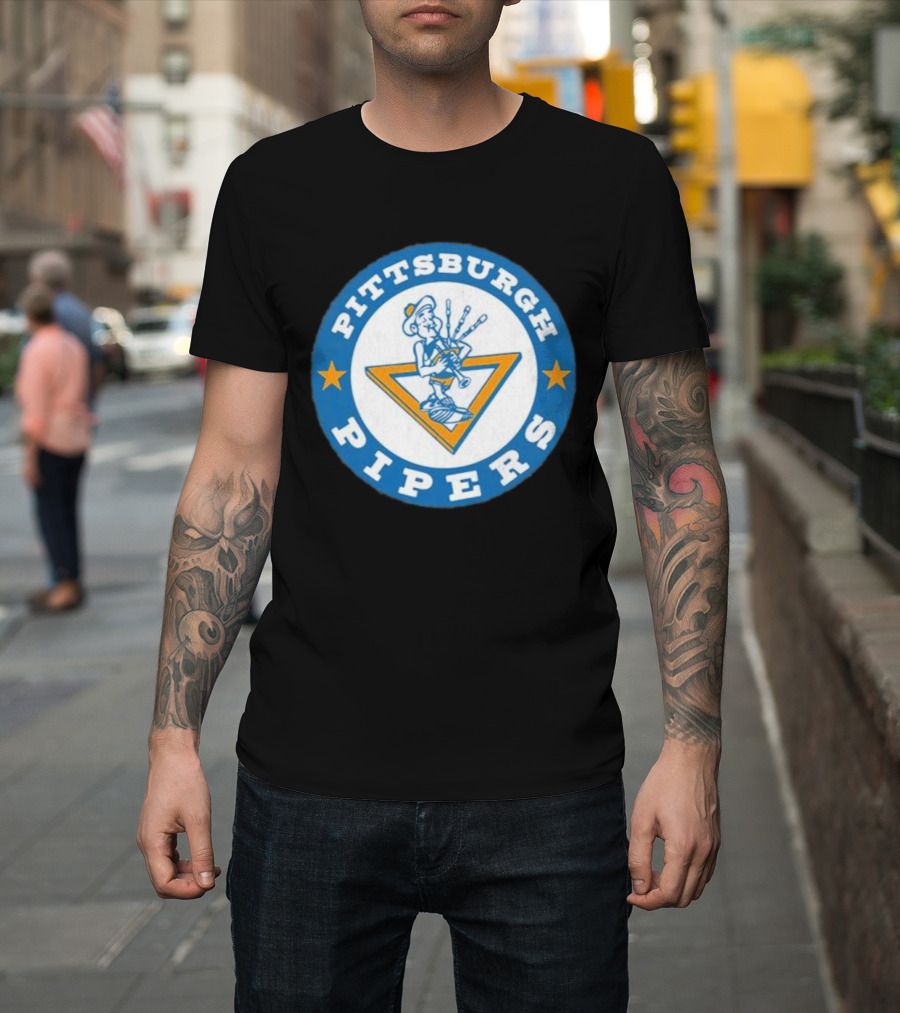 Pittsburgh Pipers Basketball Team Classic Logo with Bagpiper and Star Emblems T-Shirt
