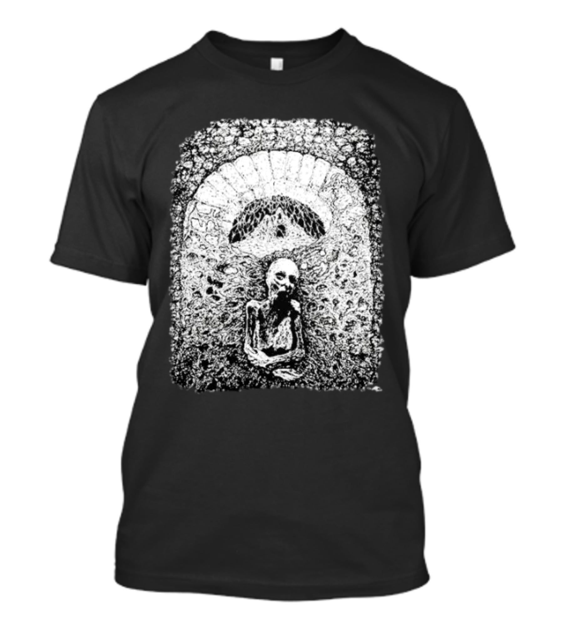 Mortiferum Cave Dweller Skeleton In Gothic Archway T-Shirt