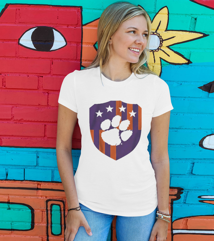 Clemson United Paw Print Shield With Four Stars Orange And Purple T-Shirt