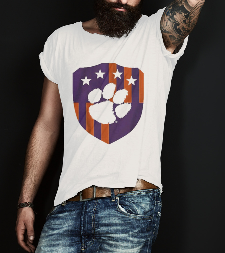 Clemson United Paw Print Shield With Four Stars Orange And Purple T-Shirt