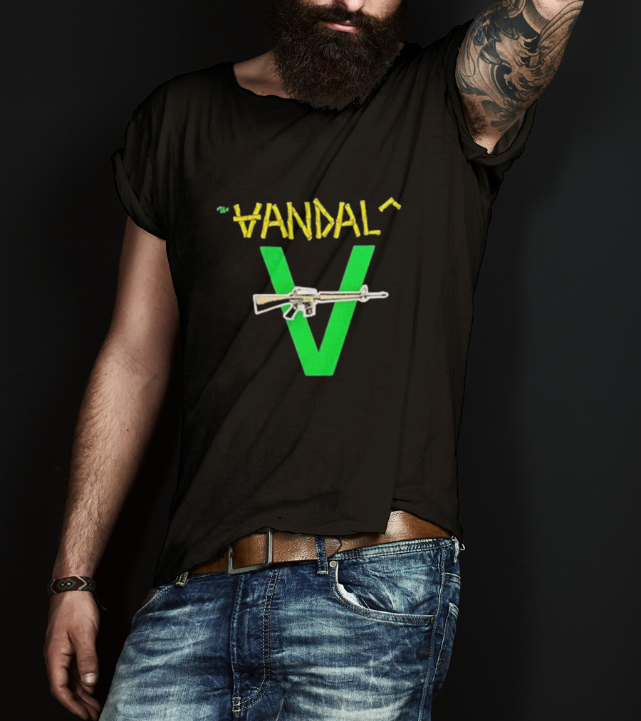 The Vandals Yellow Text Green V Rifle Image T-Shirt