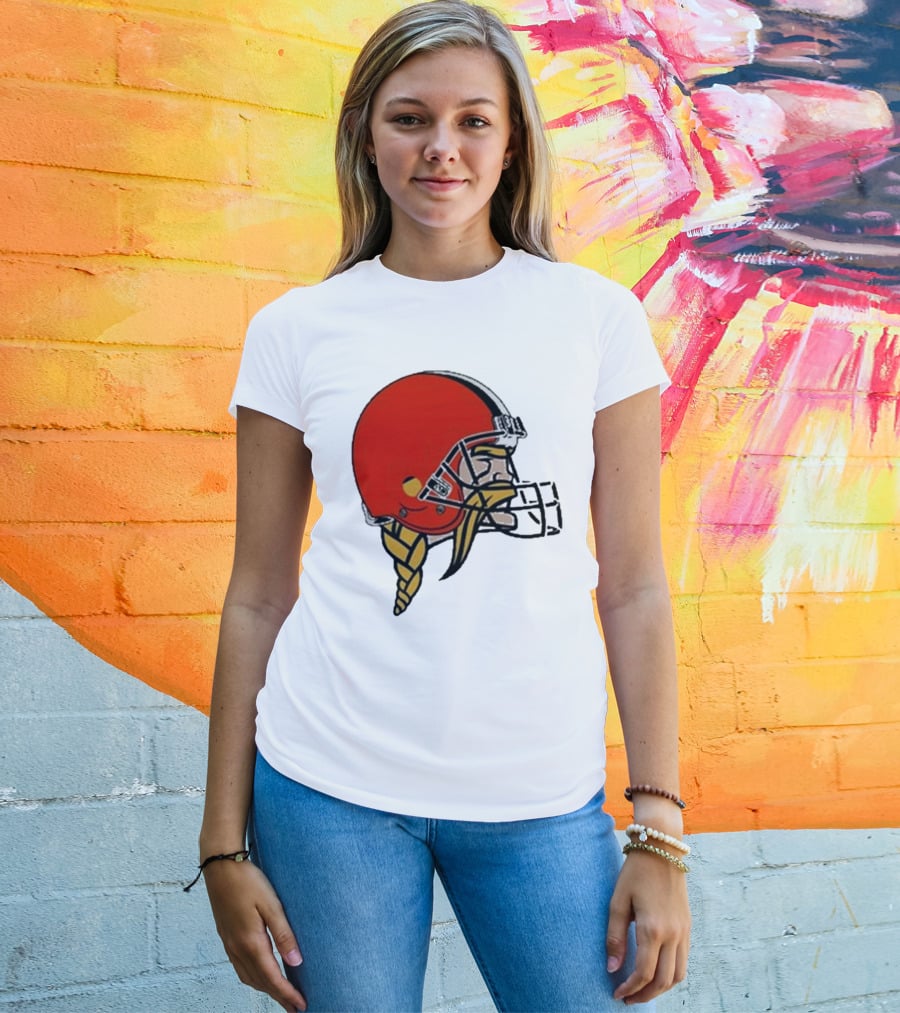 Quality Jay Cuda Browns Vikings Dual Logo Helmet T-Shirt