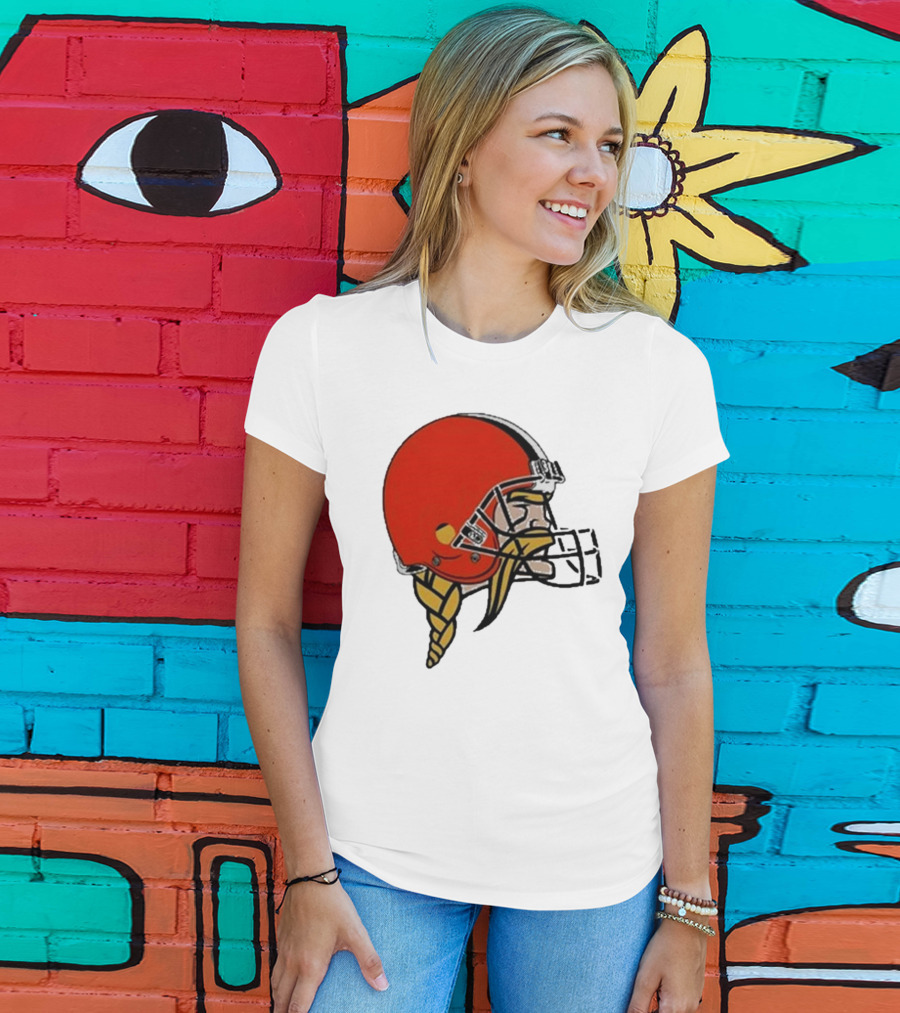 Quality Jay Cuda Browns Vikings Dual Logo Helmet T-Shirt