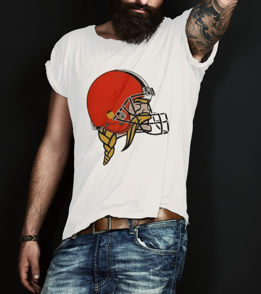 Quality Jay Cuda Browns Vikings Dual Logo Helmet T-Shirt