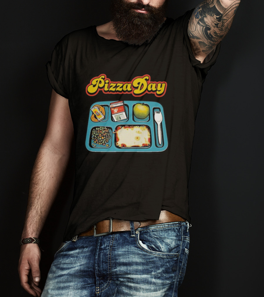 S7s Pizza Day Cafeteria Lunch Tray With Pizza, Milk, Apple, Cookies, Fork, And Vegetables T-Shirt
