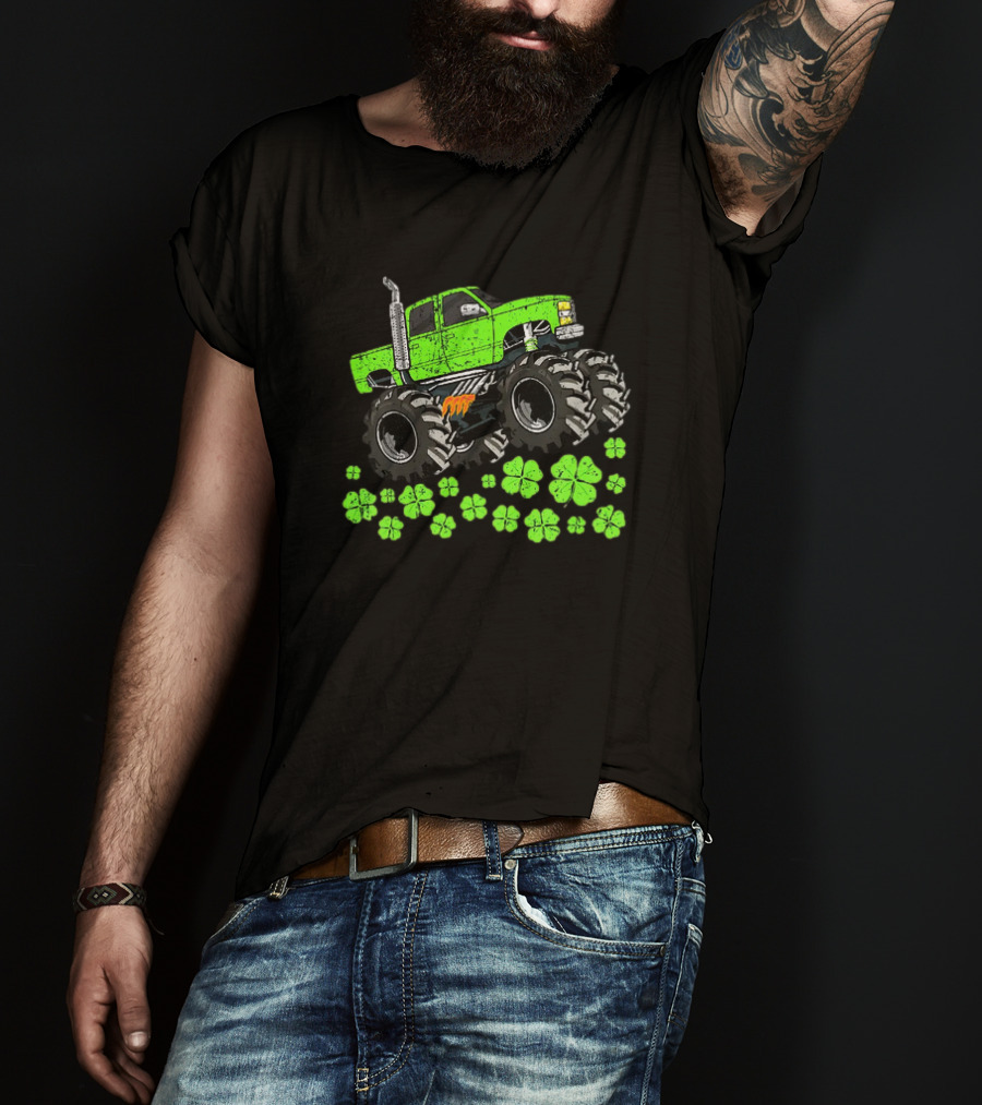 Kids Boys St Patricks Day Toddler Lucky Green Monster Truck With Shamrocks T-Shirt
