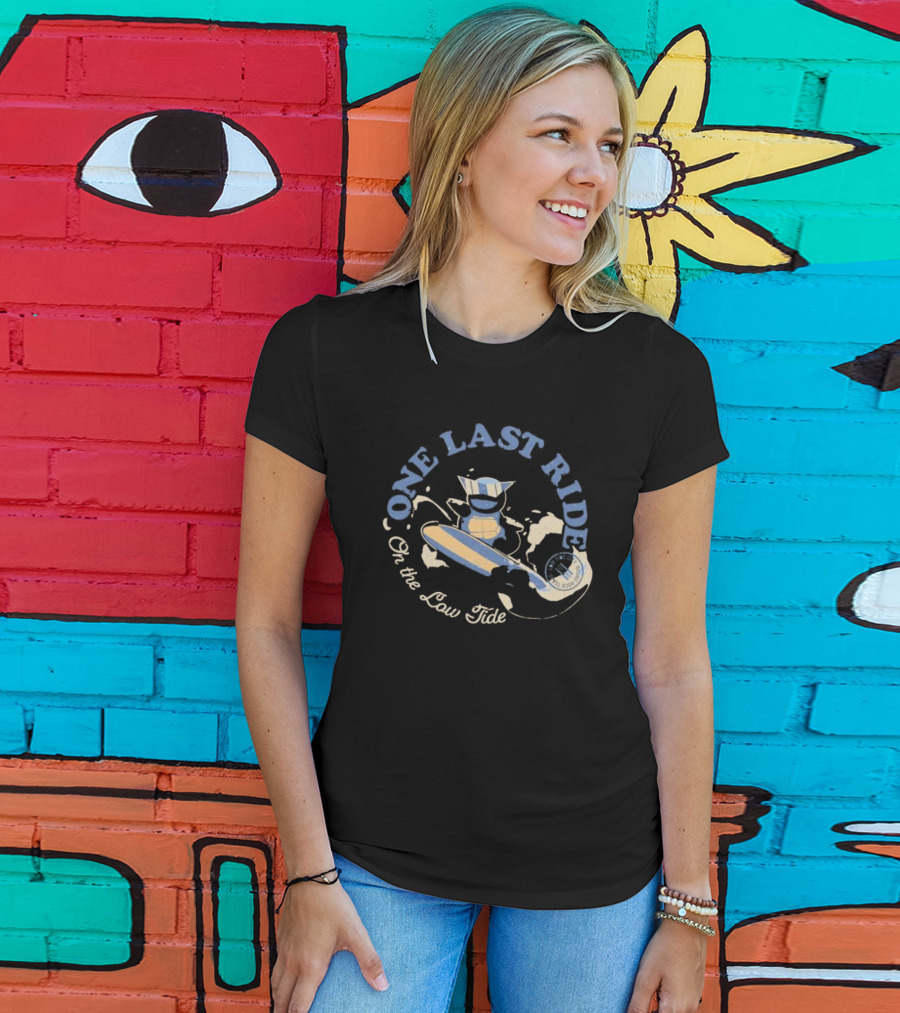 Surfing Adventure With Blue Masked Figure And Iconic Board 'One Last Ride On The Low Tide' T-Shirt