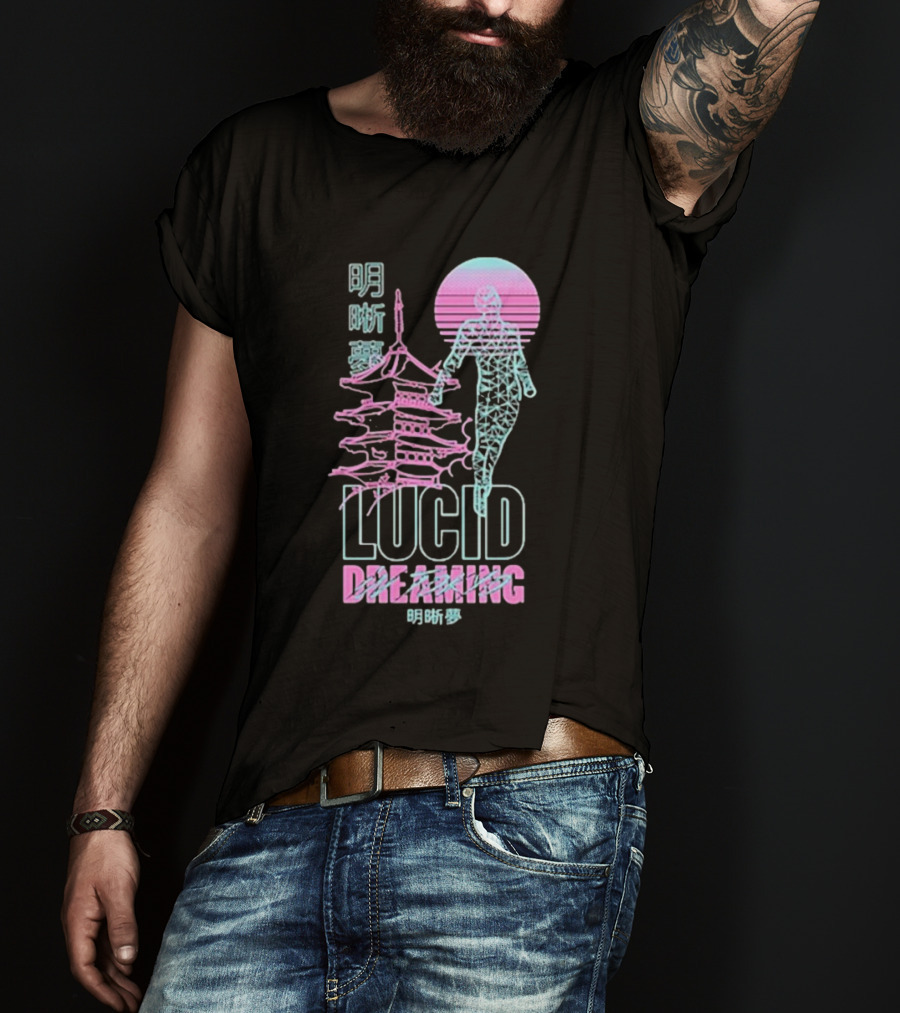 Lucid Dreaming Tokyo Japan Neon Pagoda And Wireframe Figure T-Shirt