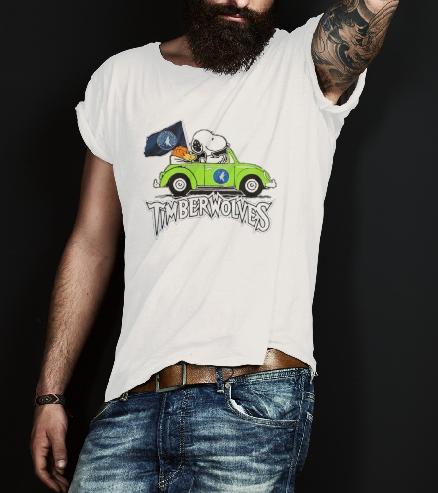 Minnesota Timberwolves Snoopy Forever Fan Driving Car With Timberwolves Flag T-Shirt