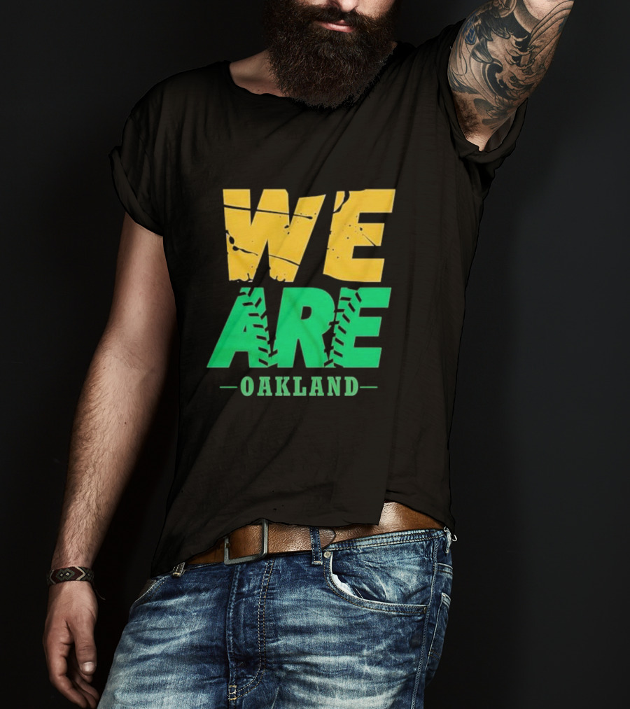 WE ARE OAKLAND Yellow Green Text Baseball Seam T-Shirt