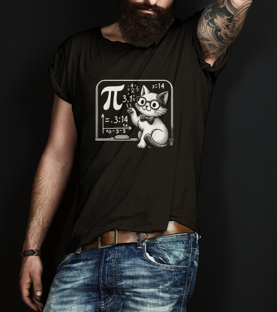 Pi 3.14 Cat With Glasses And Chalkboard Equations T-Shirt