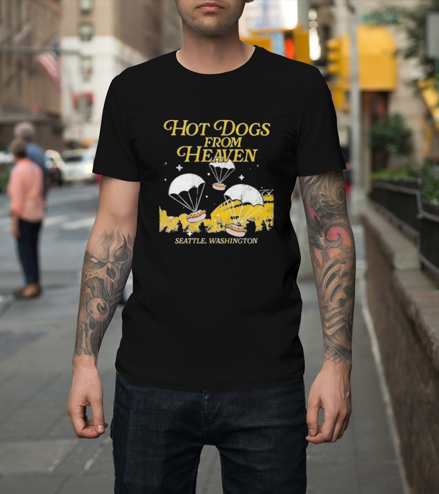 Hot Dogs From Heaven Parachuting Over Seattle Washington T-Shirt
