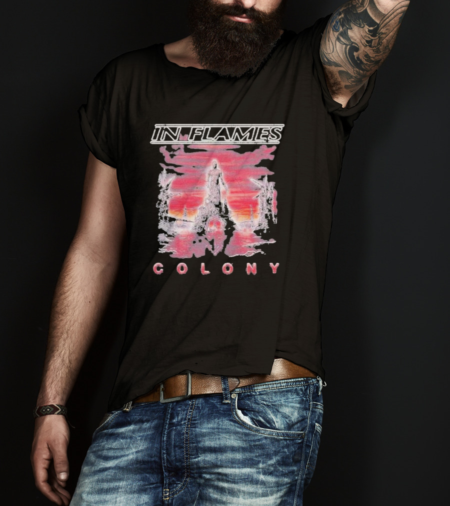 In Flames Colony Silhouette And Abstract Pink Brushstrokes T-Shirt
