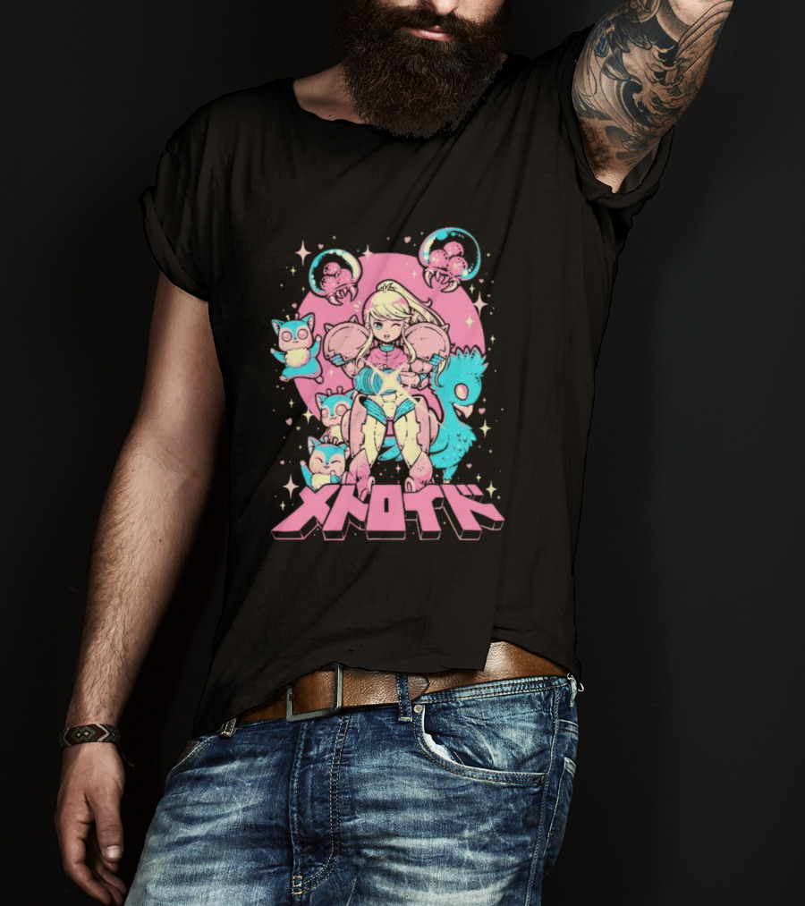 Metroid Pop Art Space Hero Anime Style Pink And Blue Retro T-Shirt
