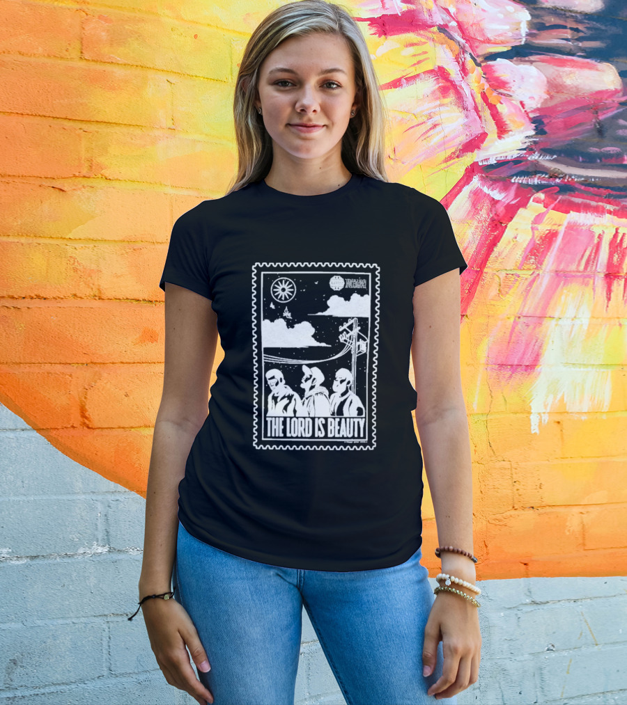 The Lord Is Beauty Three Figures Under Night Sky Clouds Birds Sun And Powerlines T-Shirt