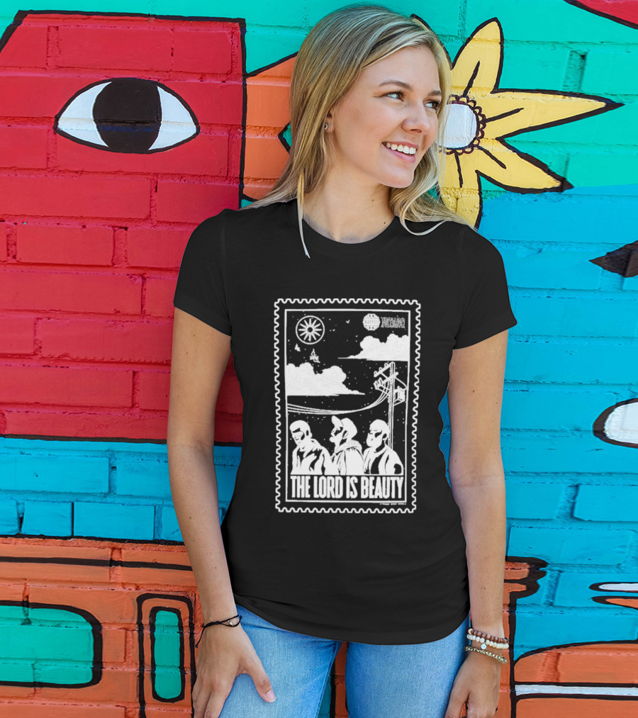 The Lord Is Beauty Three Figures Under Night Sky Clouds Birds Sun And Powerlines T-Shirt